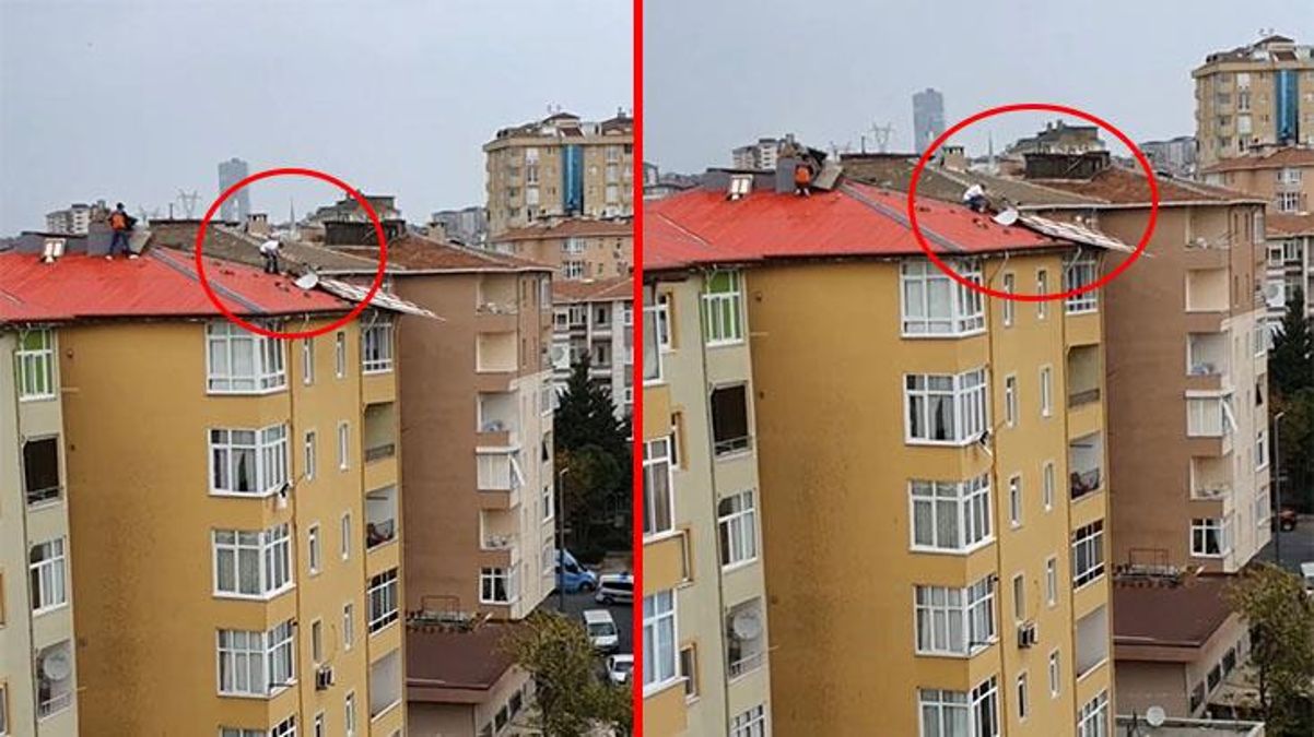 İstanbul'da pes dedirten görüntü! Çatı parçalarının uçmaması için canlarını hiçe saydılar